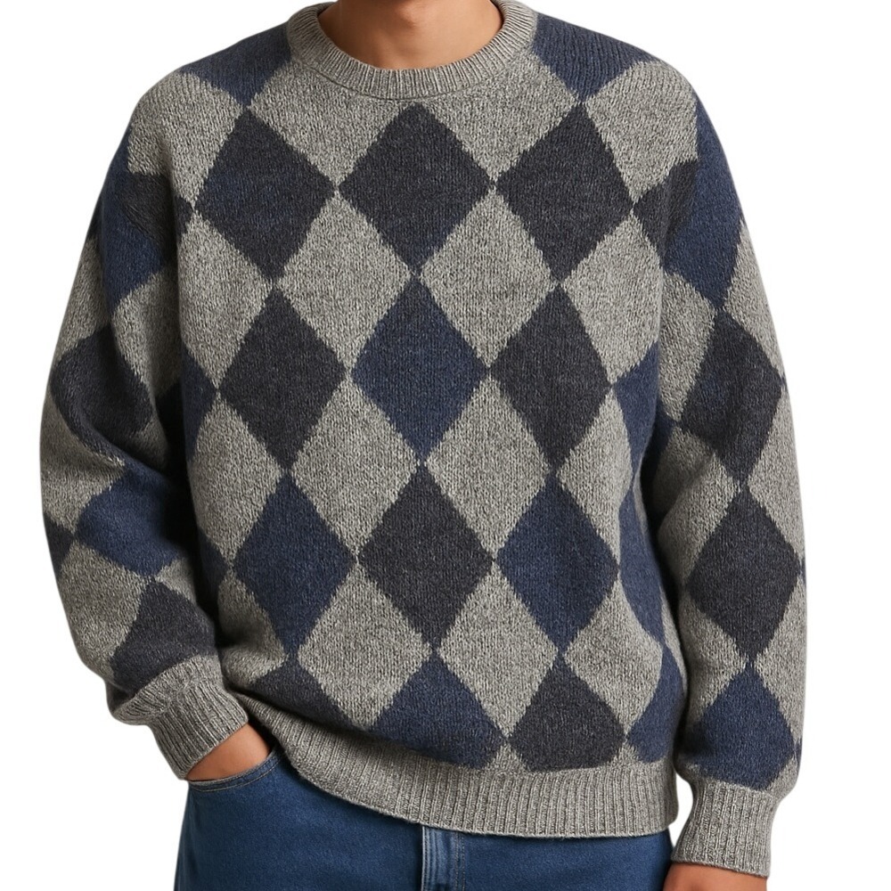 VTG HENRY GRETHEL Sweater Argyle‎ Gray Blue XL Y2K 90s Handframe Knit Abstract